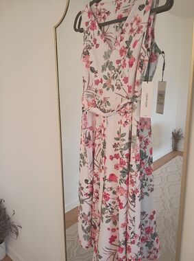Calvin Klein White Floral V-Neck Midi Dress with Pink and Green Print